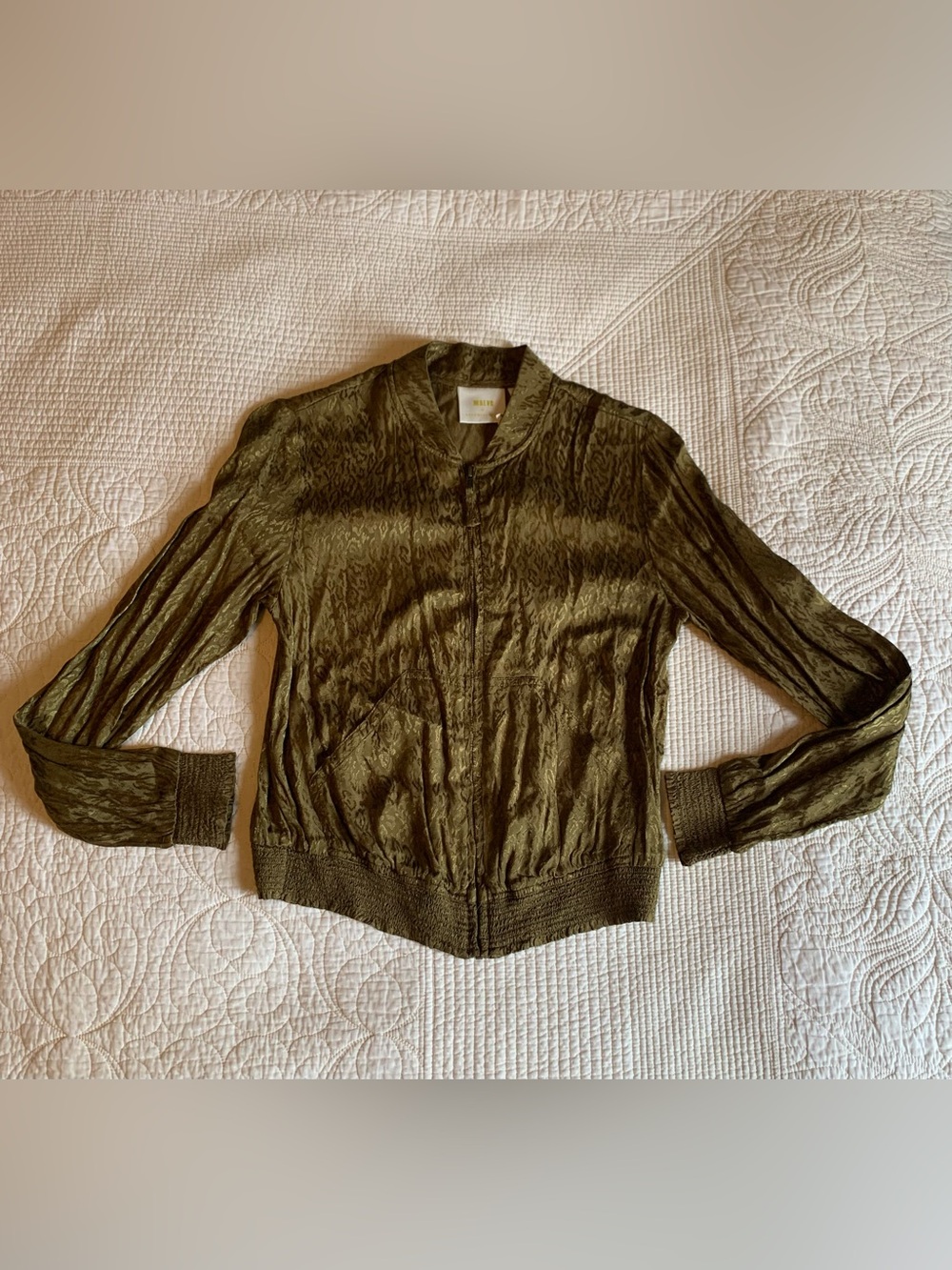 New With Tags Maeve by Anthropologie Green Tonal Leopard Print Silky Bomber Jack